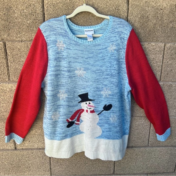Bon Worth Blue Red Snowman Snow Ugly Cute Christmas Sweater - Picture 1 of 5